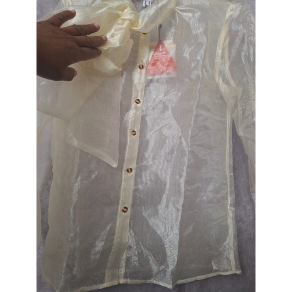 Unique 21 Pussybow Sheer Organza Blouse Sz 4 Button Up Long Sleeve Coquette - Picture 8 of 15